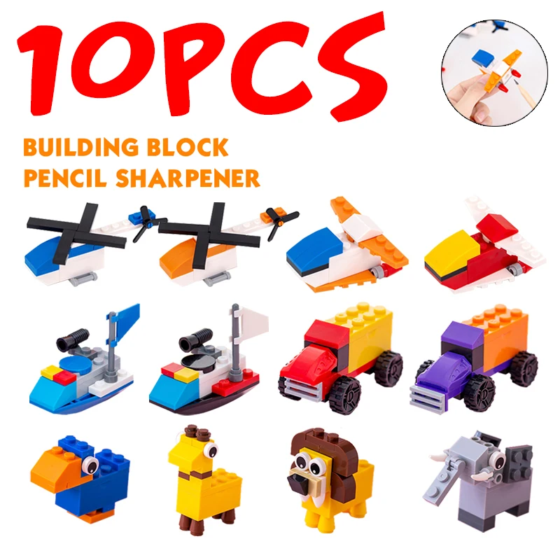 10pcs DIY Cartoon Building Block Pencil Sharpener Student Creative Stationery Kindergarten Puzzle Assembled Penknife Sharpener
