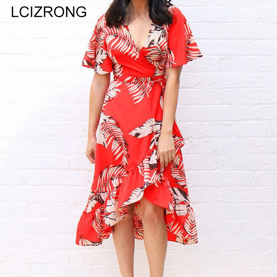 Zomer Chiffon Print Bloemen Onregelmatige Jurken Vrouwen Mode Sexy V-Hals Hoge Taille Jurken Boho Strand Vestidos Hot Selling