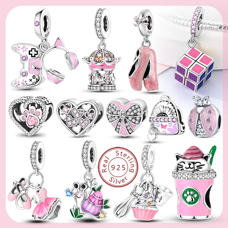 New 2024 925 Sterling Silver Charms Beads Love Heart Pink Original Charm Pendant Fit Charm Bracelets DIY Jewelry Birthday Gift