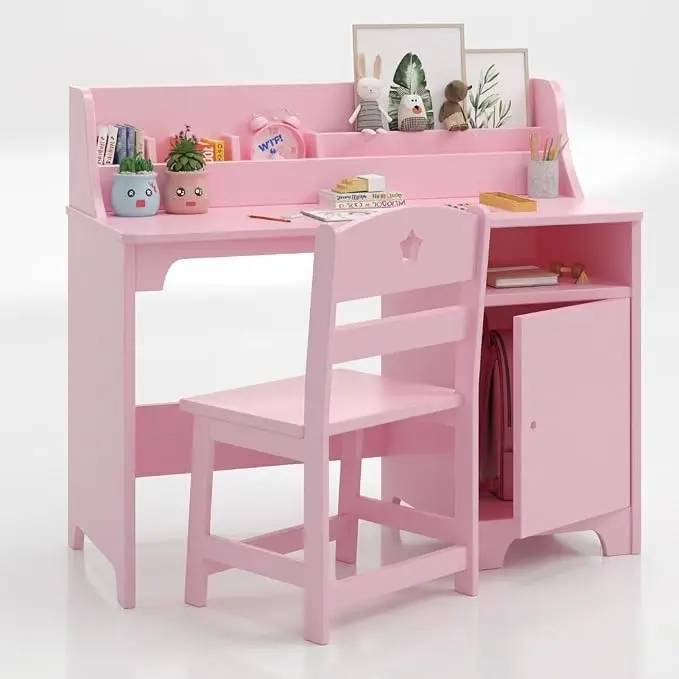 Kids Desk and Chair Set,Study Desk for Kids with Hutch, Storage Cabinet, Wooden Children Study Table, Student Writing Desk Computer Workstation for Kids Bedroom & Study Room