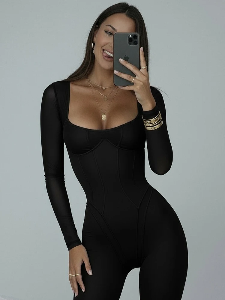 جمبسوت مثير بأكمام طويلة بدون ظهر من XIAOTANG جمبسوت نسائي أنيق بياقة مربعة مخطط ونحيف للياقة البدنية جمبسوت للسيدات #5