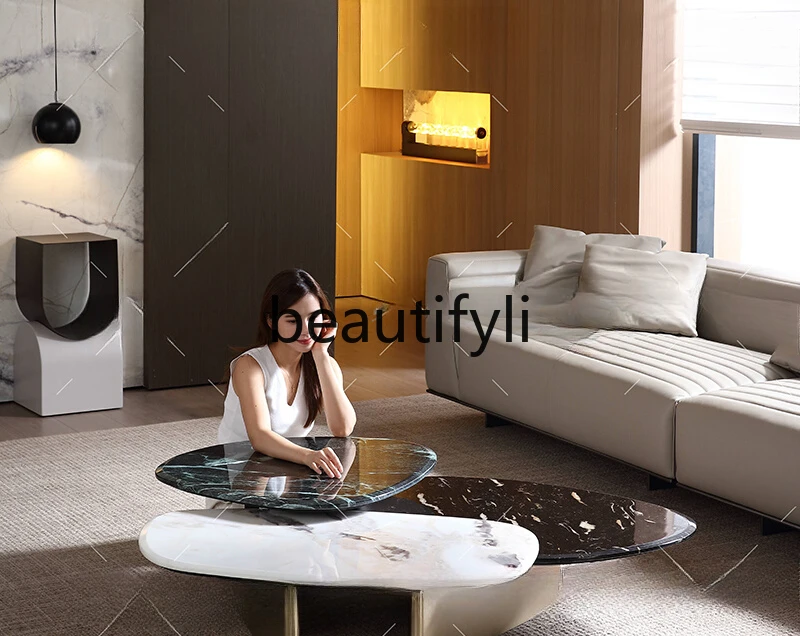 High-grade special-shaped marble coffee table color matching personalized stainless steel high and low coffee table combination