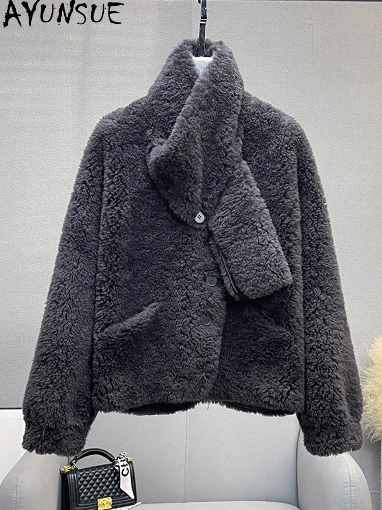 AYUNSUE 100% Naturalna Wełna Odpinany Szal Damska Kurtka 2025 Nowa Jesienno-Zimowa Kurtka z Futra Jagnięcego Odzież Damska Ropa Para Mujer