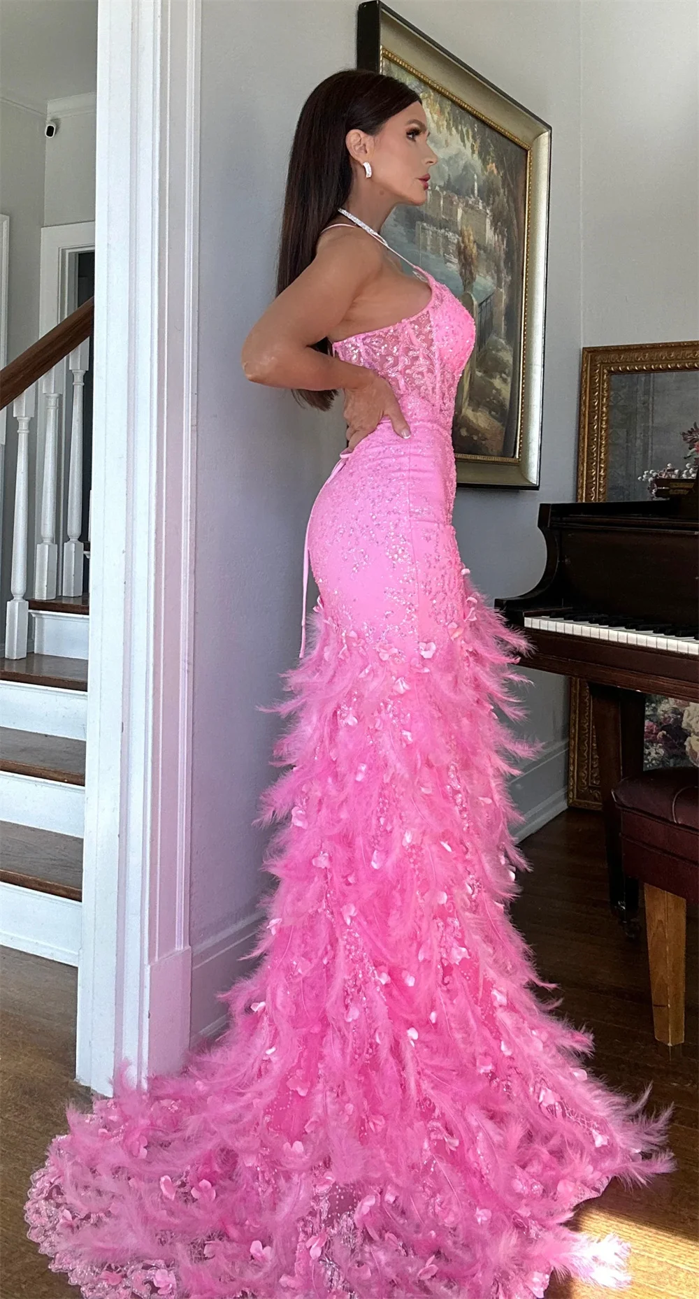 Jessica Hot Pink Wedding Dress Embroidered Feathers Luxury Prom Dresses Mermaid Spaghetti Straps Elegant Vestidos De Fiesta