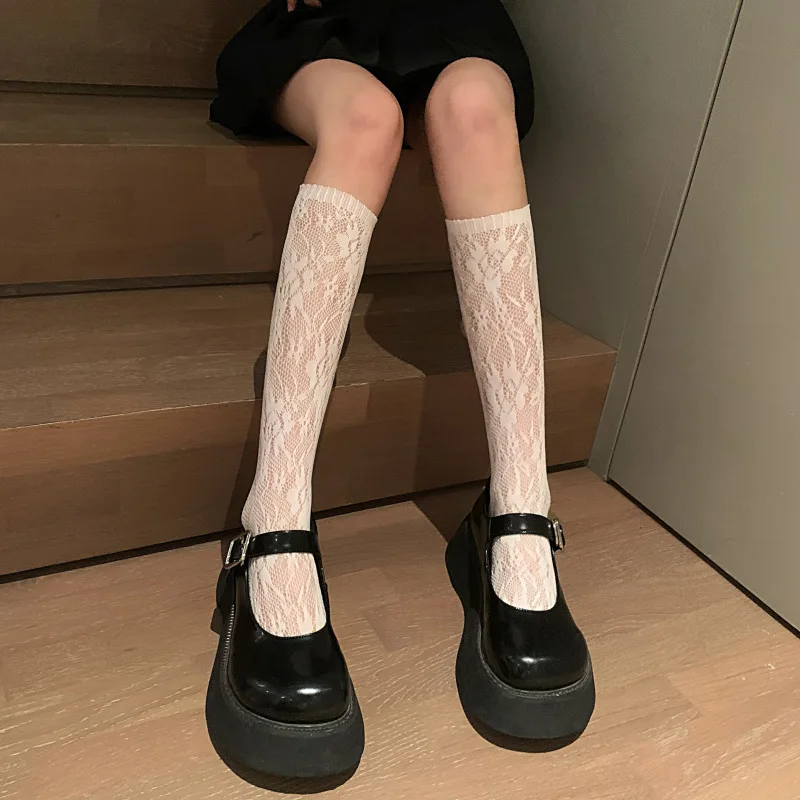 Sexy Internet Celebrity Wear with Summer Breathable Thin Lace Print Black White Short and Mid-Calf Length Calf Half Socks Women