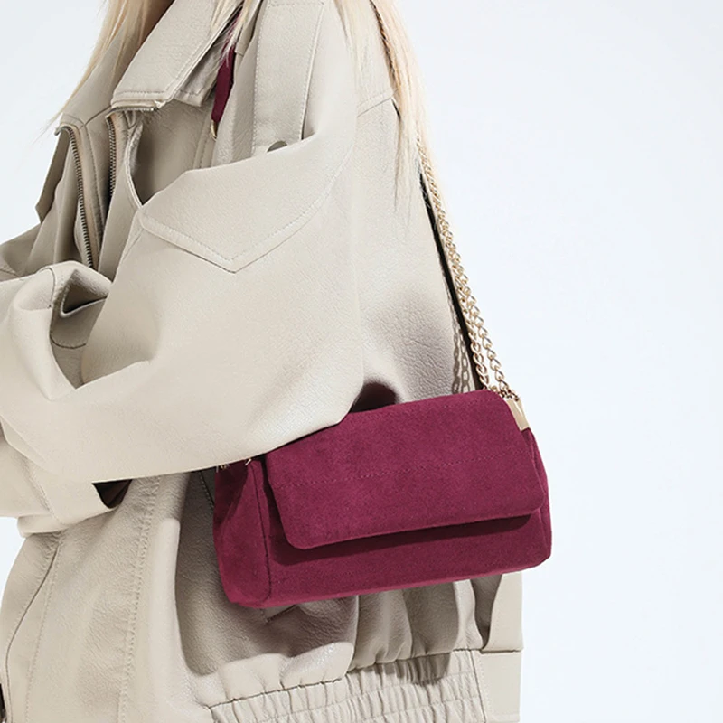 

Осень-зима, ретро-сумка из искусственной замши с цепочками на одно плечо, сумки через плечо, элегантная шикарная женская красная свадебная сумка, простая сумка подмышками