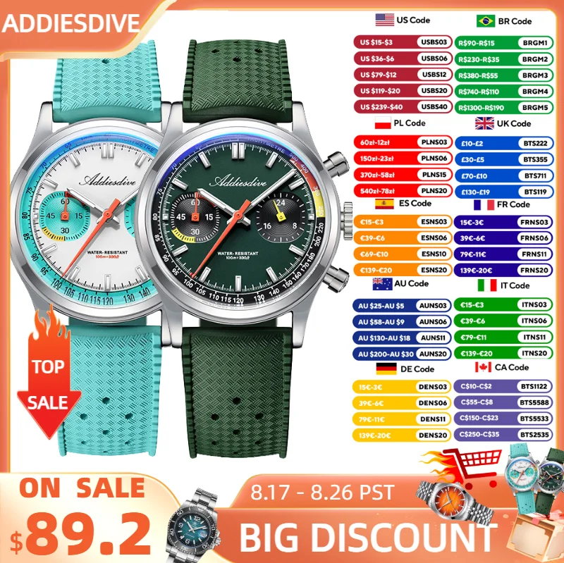 ADDIESDIVE 새로운 남성 시계 38mm VK64 크로노그래프 플루오로러버 럭셔리 돔형 유리 BGW9 빛나는 100m 방수 석영 손목시계