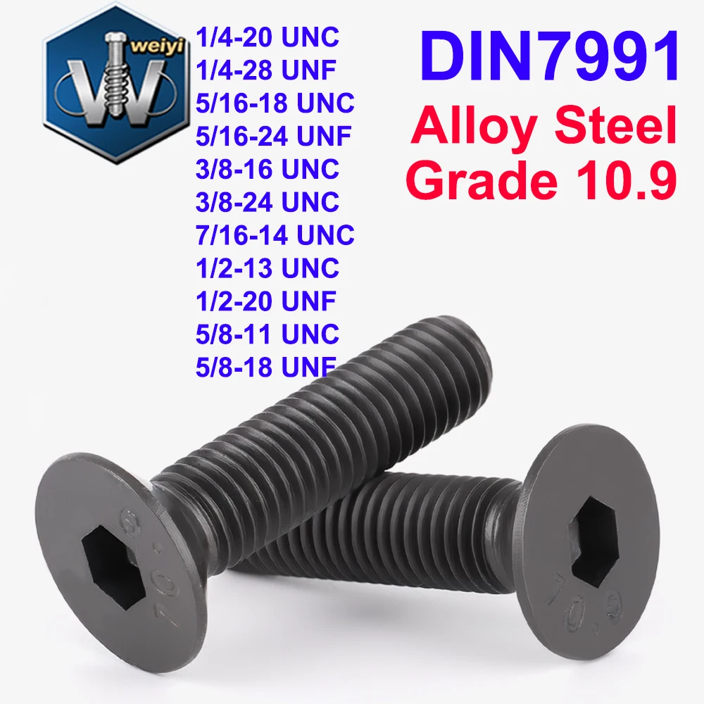 

Weiyi DIN7991 Allen Key Screws 1/4 5/16 3/8 7/16 1/2 5/8 UNC UNF Grade 10.9 Alloy Steel Black Countersunk Head Hex Socket