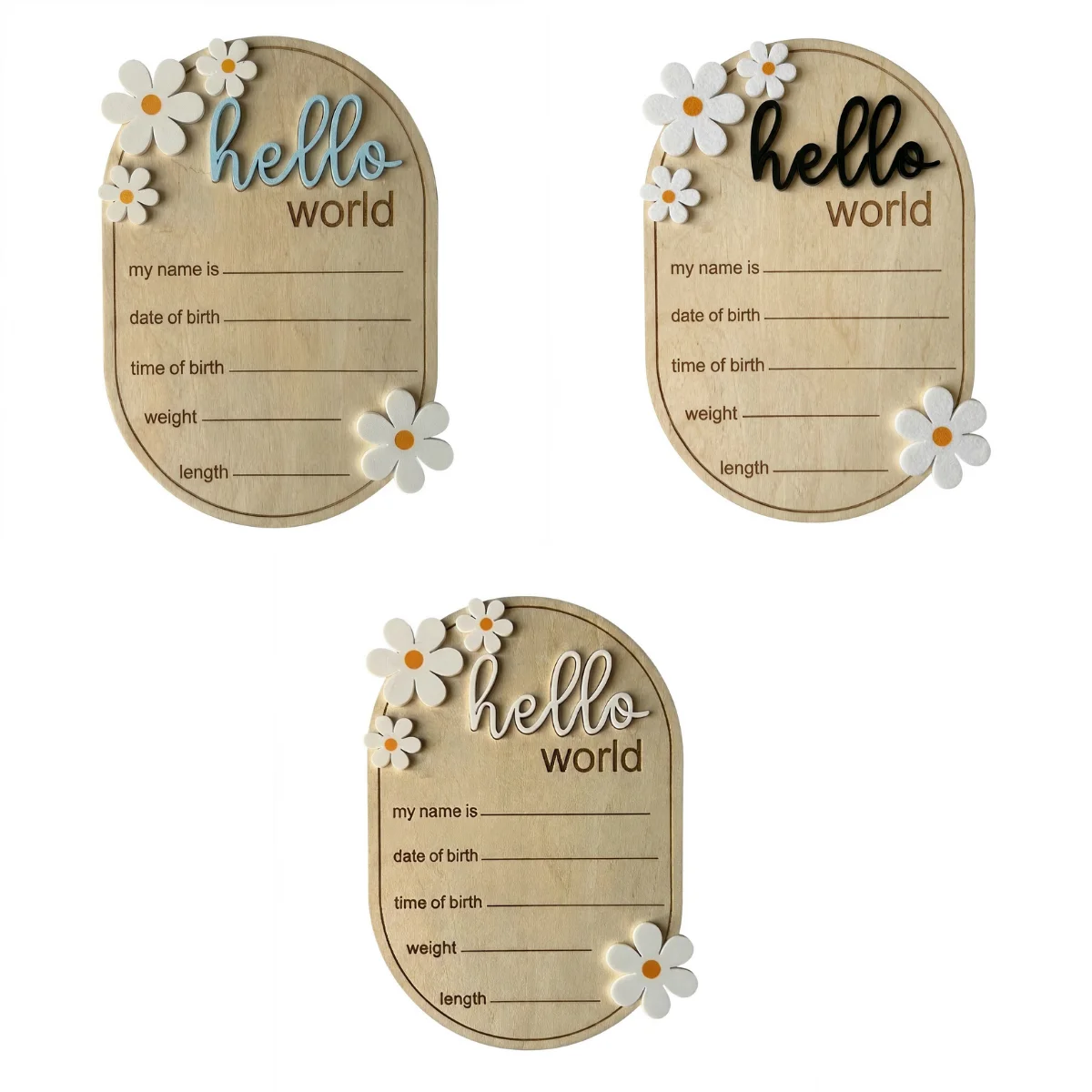 15cm Ovale 3D Naturholz-Plakette mit Erhöhten Acrylbuchstaben und Gänseblümchen-Dekorationen, 'Hello World' Geburtsanzeige, Foto – Detail 5