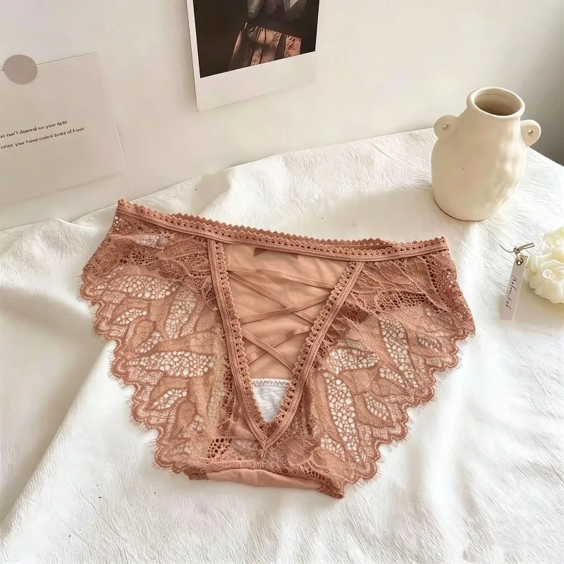 Light Transparent Mesh Sexy Bow Lace Panties 95kg Fat MM Pure Desire Wind Quick-drying Women's Briefs Smooth and Soft Underwear