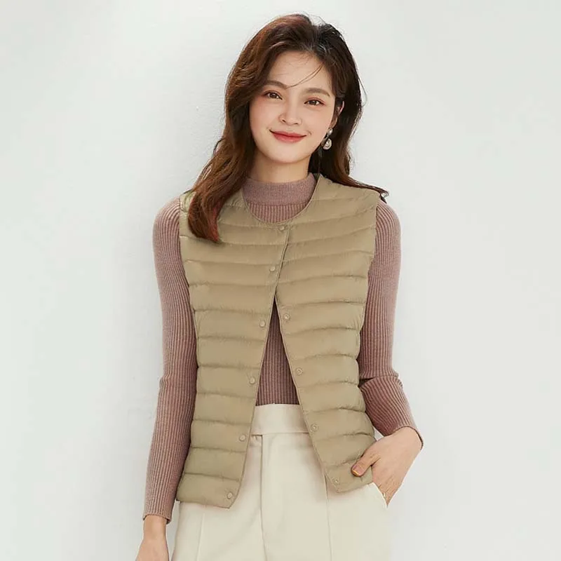 Gilets en duvet de canard ultralégers pour femmes, gilets à simple boutonnage, manteau en émail gonflé portable pour dames, automne et hiver, 2024 fibres, 0-10 ℃