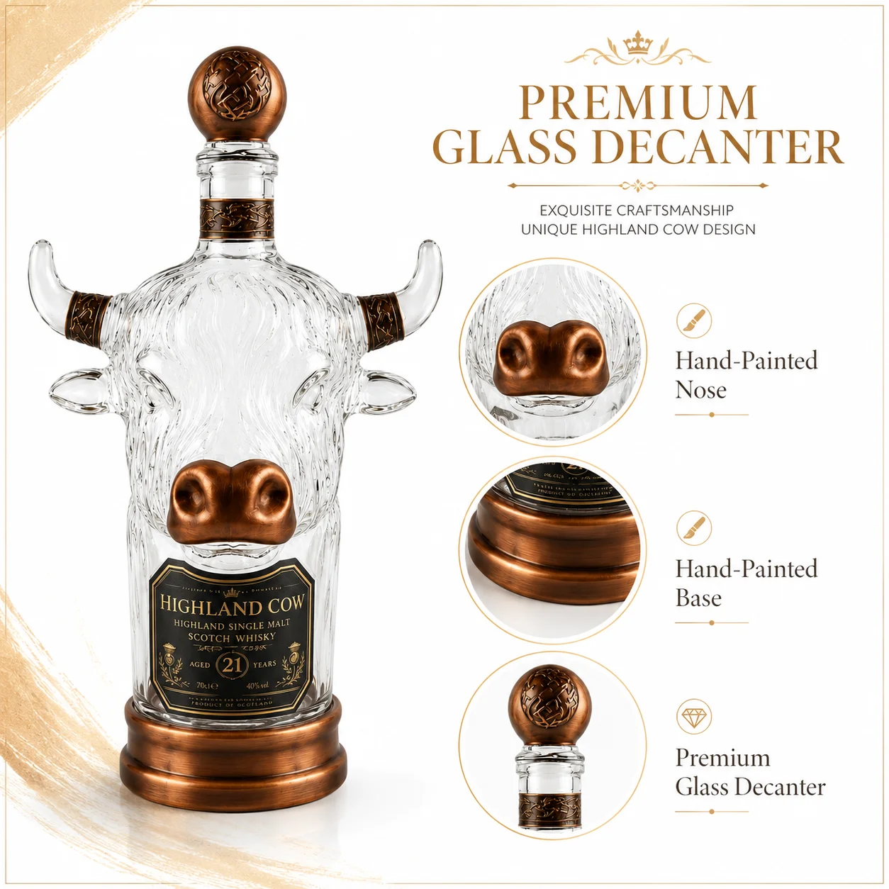 Luxury Highland Cow Head Crystal Whiskey Decanter Bronze Metal Trim Airtight Sealed Spirits Bottle Vintage Home Bar Decor