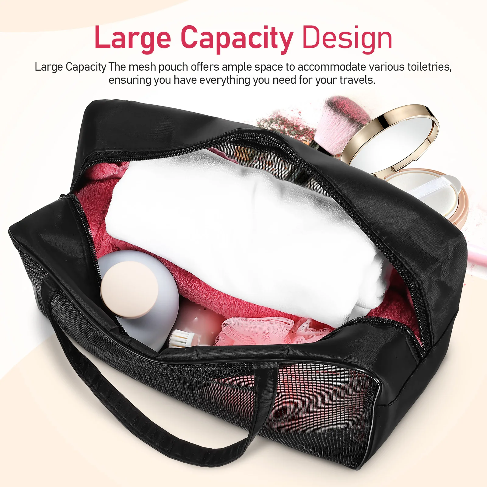حقيبة أدوات الزينة الشبكية ذات سعة كبيرة وتصميم شفاف للسفر للنساء حقيبة مكياج من قماش أكسفورد حقيبة غسيل بسحاب للتخزين #3