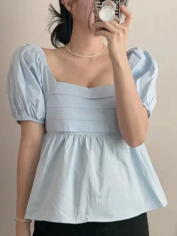 

Faionable Chic oulder Bared Loose Bubble Sve Square Collar ort Sve irt Anti Aging Doll irt Commute Sle Pure...
