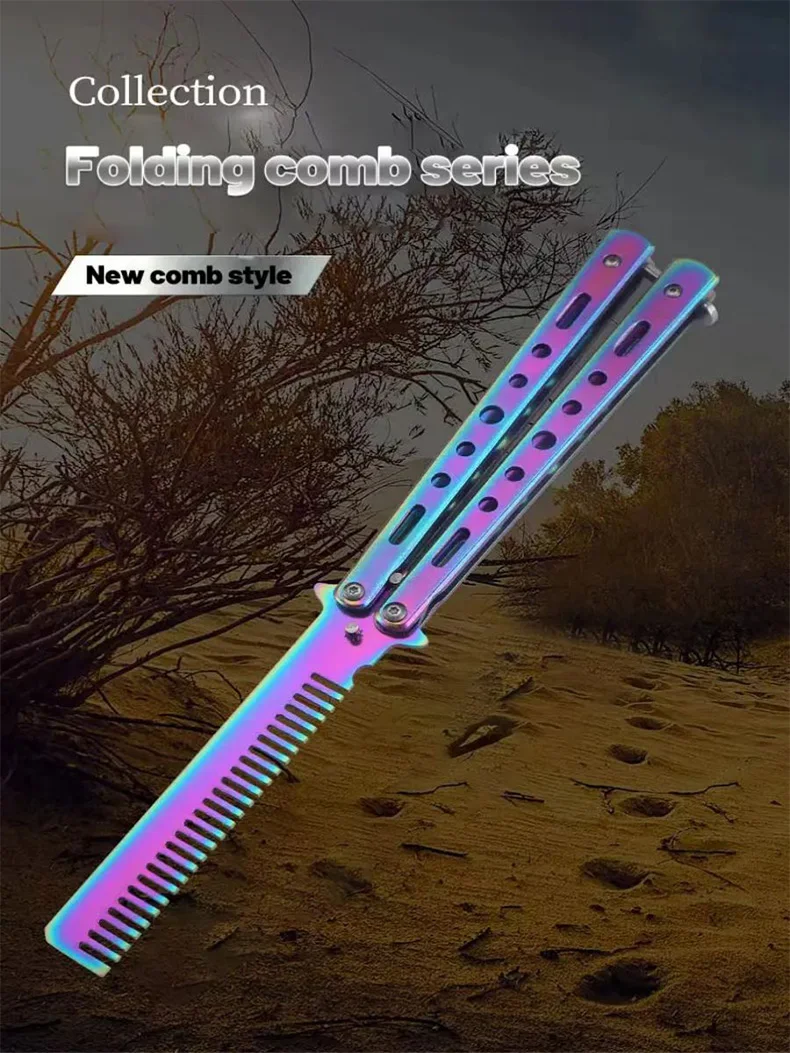 1PCS Faltbare Kamm Edelstahl Schmetterling Messer Kamm Bart Schnurrbart Pinsel Salon Friseur Styling Werkzeug – Detail 1