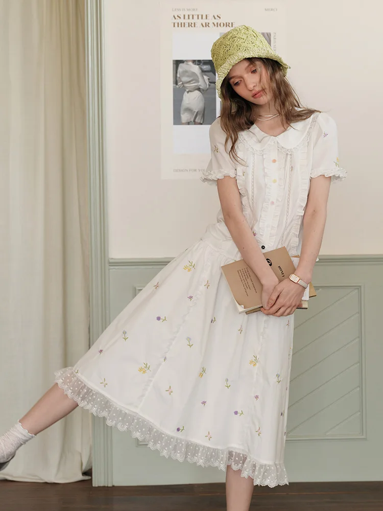 

French Style Floral Embroidery Shirt And Skirt Set Women's Summer Fashion Two-Piece Suit Doll Collar Blouse Cotton Polyester