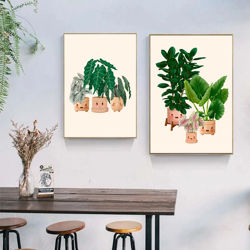 Family Potted Plants Cute Cartoon Flowerpot Posters Monstera Deliciosa Wall Art Canvas Painting Flower House Garden Home Decor