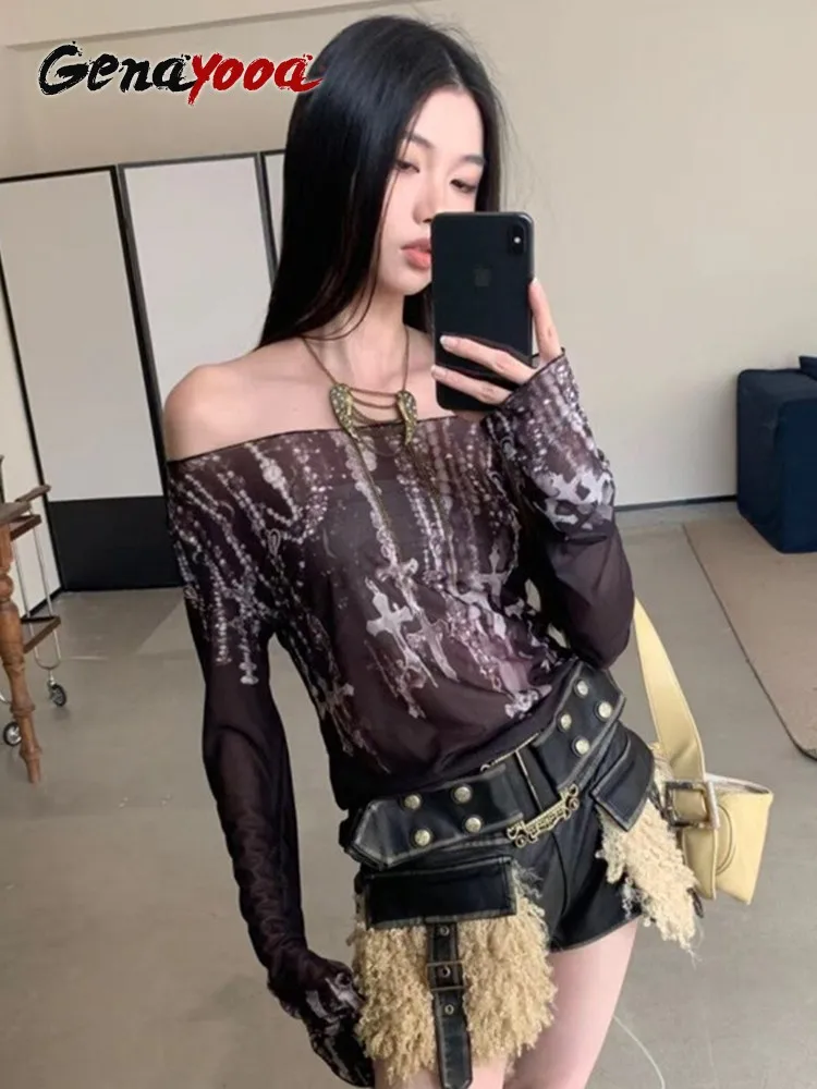 Genayooa Gothic Print T Shirt Women Long Sleeve See Throght Mesh Tops Y2k Vintage Tops Streetwear 2000s Japanese Tshirts Autumn