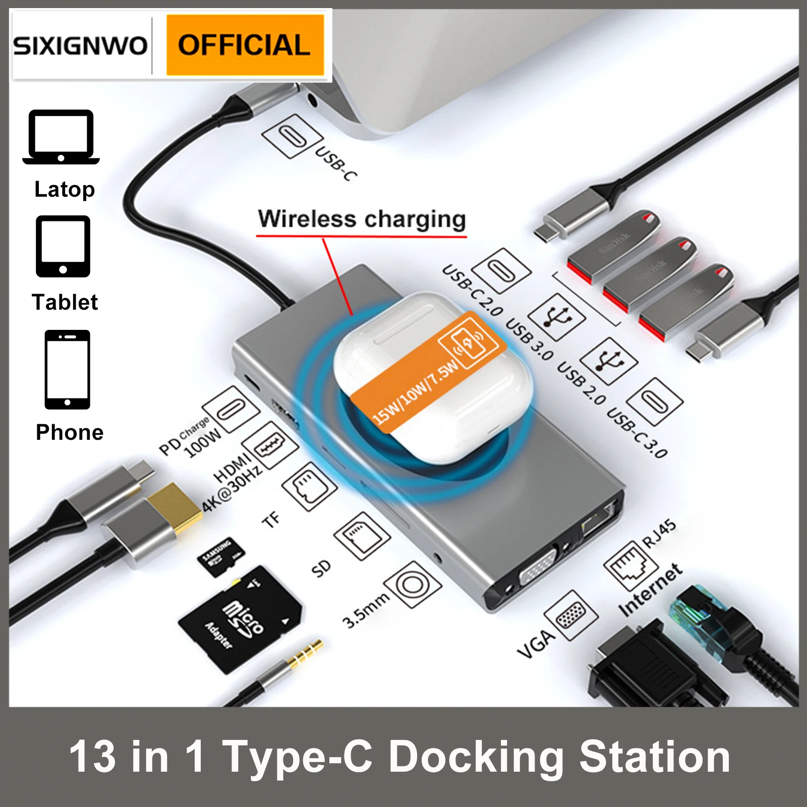 

Powered USB Hub PD Wireless Charging with Multi USB 3.0 Port Slot For Macbook iPad Pro Air M2 M1 Sumsang PC Accessories USB 3.0