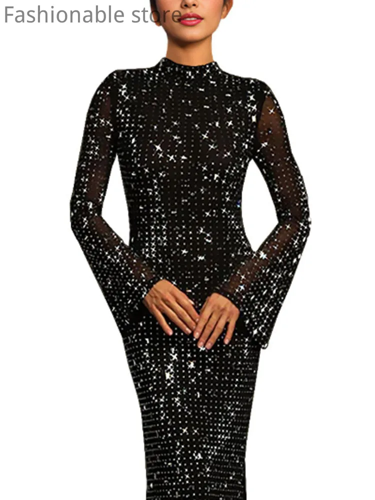 Women's Sexy Solid Color Sheer Mesh Flare Sleeve Rhinestone Decor Floor-length Party Dress