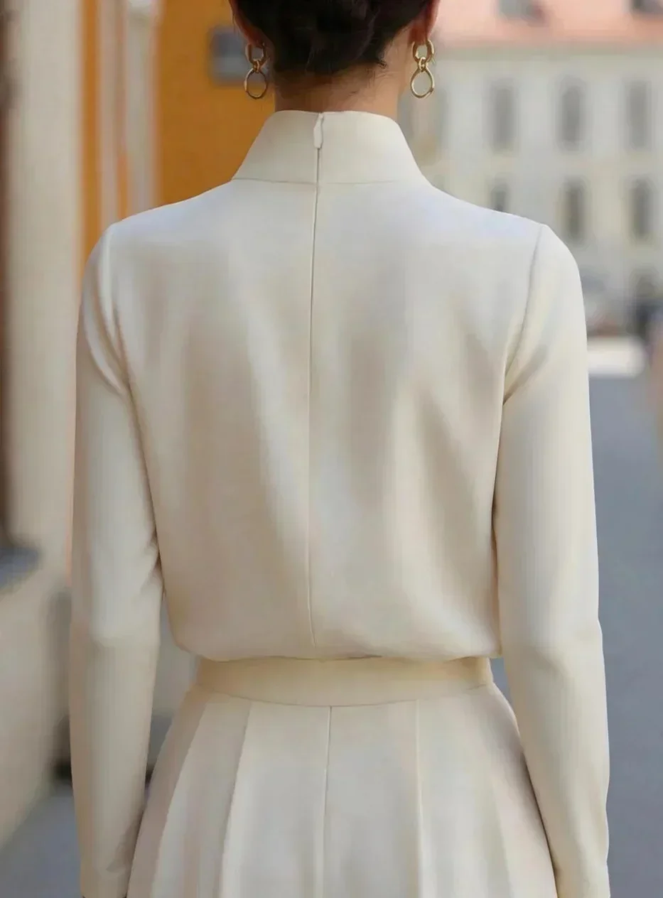 Damen Bluse mit Stehkragen und langen Ärmeln, elegantes Business- und Alltags-Hemd – Detail 8