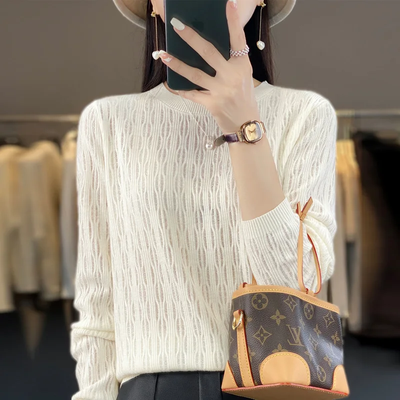 

Women's Pullover 2023 Spring and Autumn New 100% Wool Hollow Out Casual Knitted Women's Top Loose O-neck Collar Korean Sweater