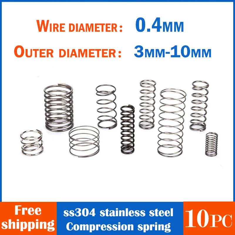 10Pcs SUS304 Stainless Steel Compression Spring  Wire Diameter 0.4mm Return Spring Small Spiral Sspring Ressort 5mm 10mm 20mm 30