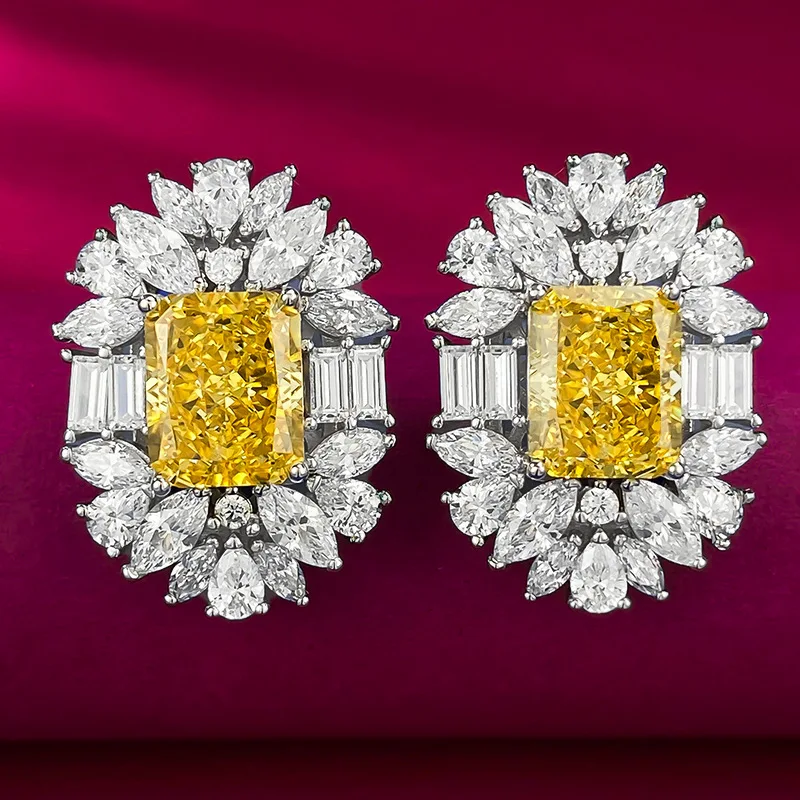 

2024 New S925 Silver European and American Luxury Inlay 8 * 10 Yellow Diamond Ice Flower Cutting Earrings Cross Border Small