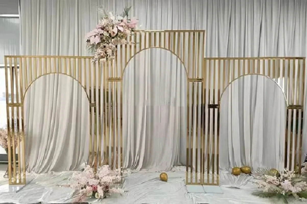 

3Pcs arch Gilded Shelf Wrought Iron Screen Arches Gold Plated Frame Wedding Backdrop Decor Props Flower Stand