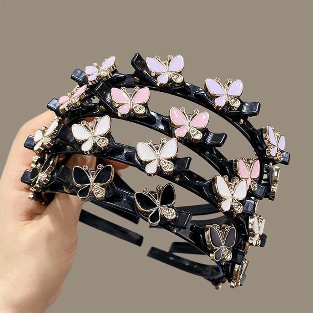 

Elegant Hair Bands with Clips Shiny Sweet Women Butterfly Hair Hoop French Style Hair Weaving Tool