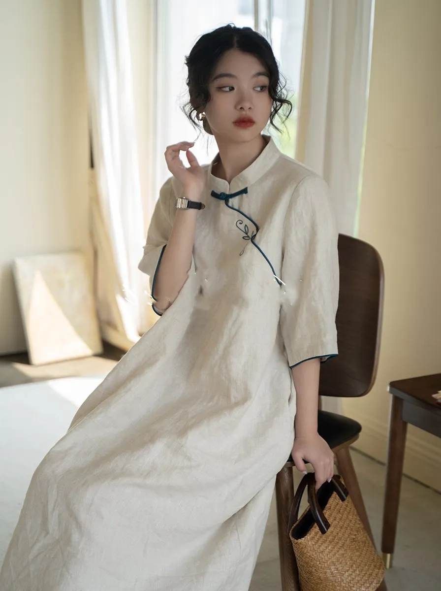Vestido F de Verão Tamanho ande em Mistura de Aodão e Linho, Estilo Traje Tradicional Chinês para Chá,  M...