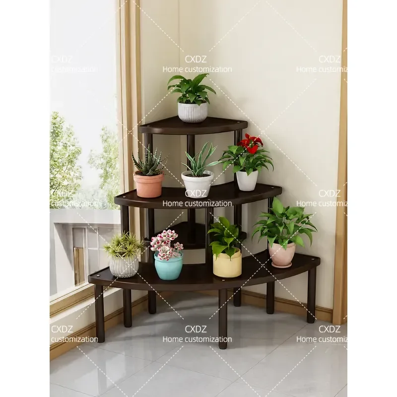 Solid Wood Flower Stand Floor to Ceiling Curved Ladder Shelf Indoor Green Dill Succulent Display Rack Potted Plant Holder