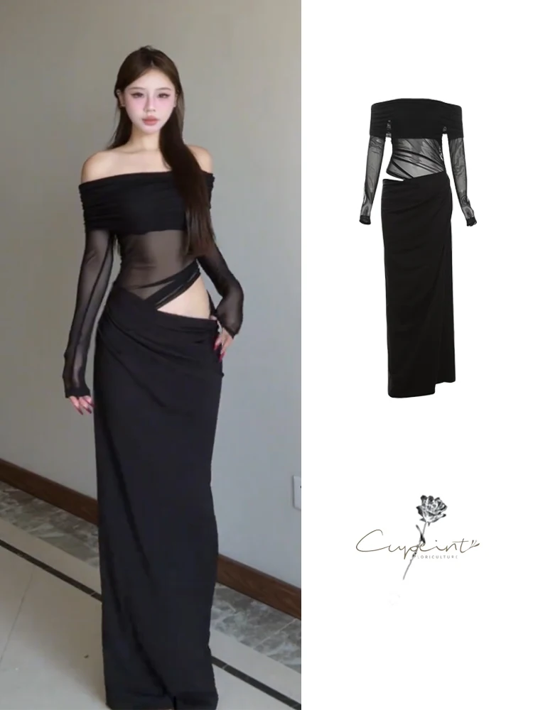 

Sexy Bla Me Hollow out One oulder Bodycon Dr for Young Women Svel High Waist Long Skirt Casual Wear Spring Autumn