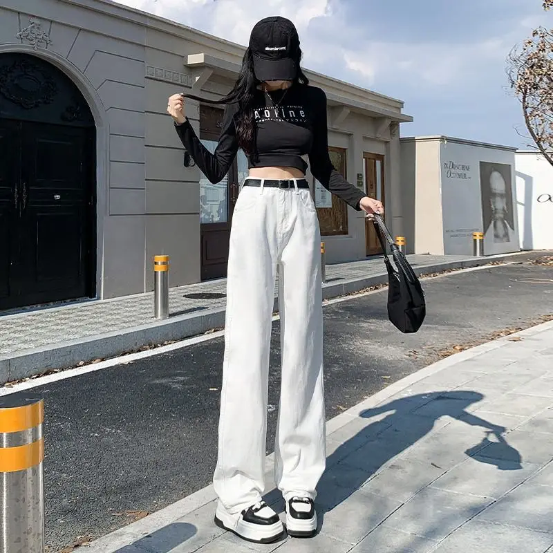 

White High Waist Straight Leg Jeans Women's Spring Autumn New Design Sensation Small Audience Wide Leg Floor-Length Pants