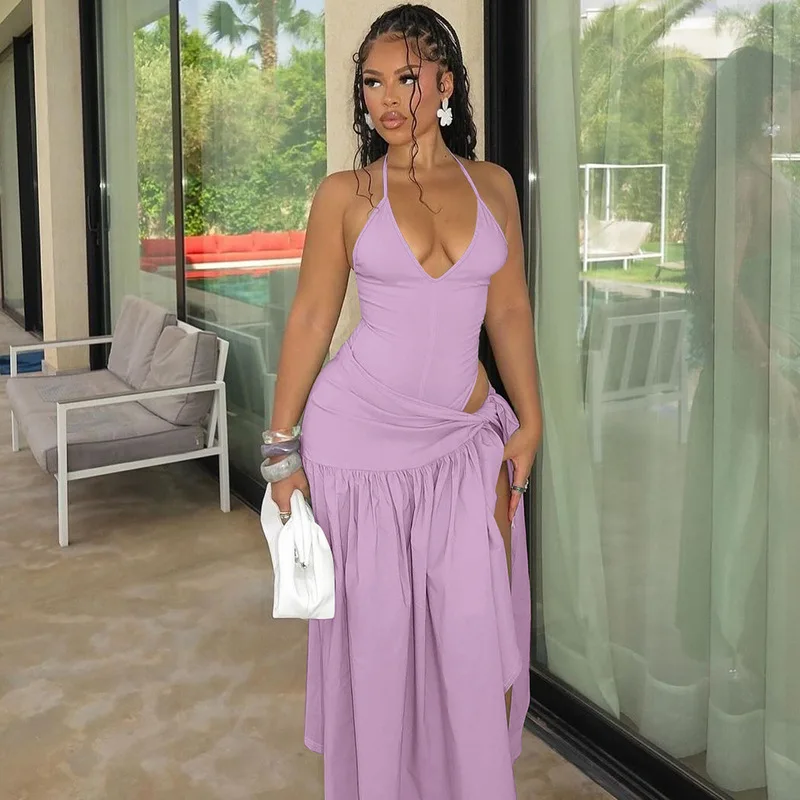 

Woman Summer Vacation Sexy Cut Out Dress Sets Halter Deep V Neck Bodysuit and Tie Maxi Long Skirt Set Party 2 Two Piece Outfit