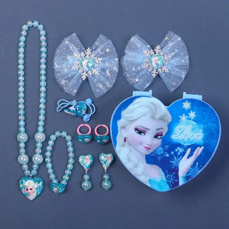 Elsa movie peripheral cartoon cute children's necklace good-looking little girl bracelet earrings ring set decoration box gift