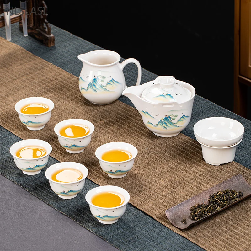 

White Porcelain Gaiwan Tea Set Home Ceramic Tea Pot and Cup Set Chinese High-end Office Tea Infuser A Pot of Four Cups