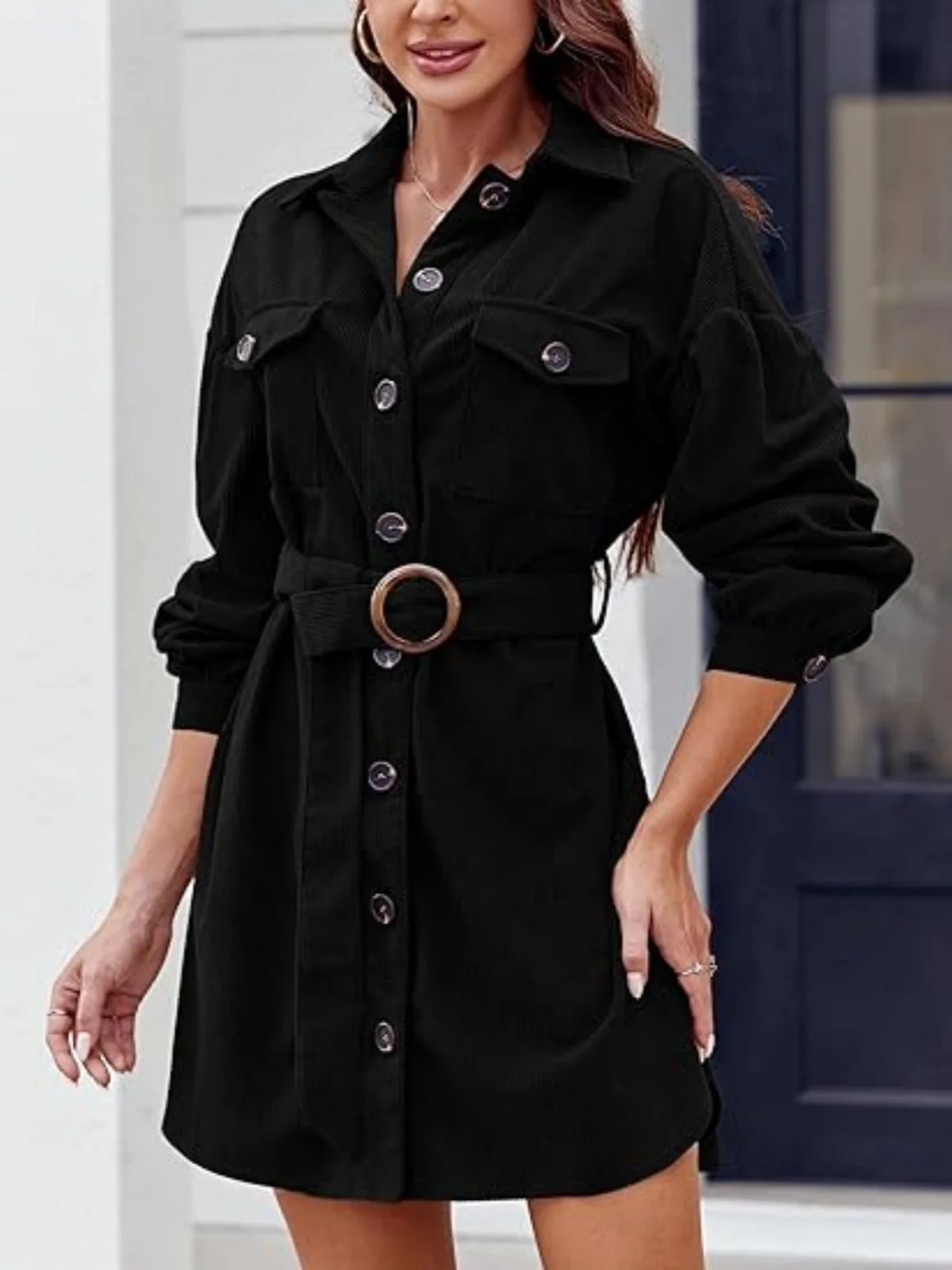 

Belted Corduroy Mini Dress Autumn Women Clothing Long Sleeve Button Down Dresses Casual Turn-Down Collar High Waist Streetwear