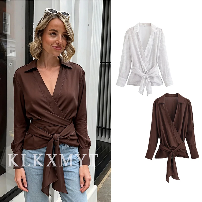 Camisa con estampado a rayas para mujer, camisa elegante de ocio con cuello en V y botones de manga larga con cinturón, nueva moda de otoño 2025