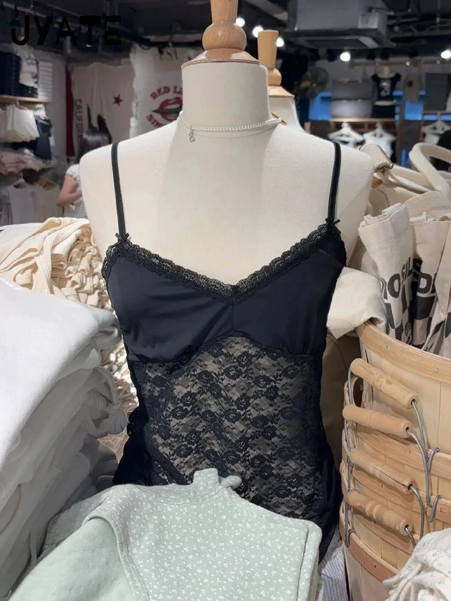 Black Lace Bow Transparent Bra Tank Tops Women Summer Streetwear Sleeveless V-Neck Thin Slim Vest Sweet Vintage Chic Camis Y2K