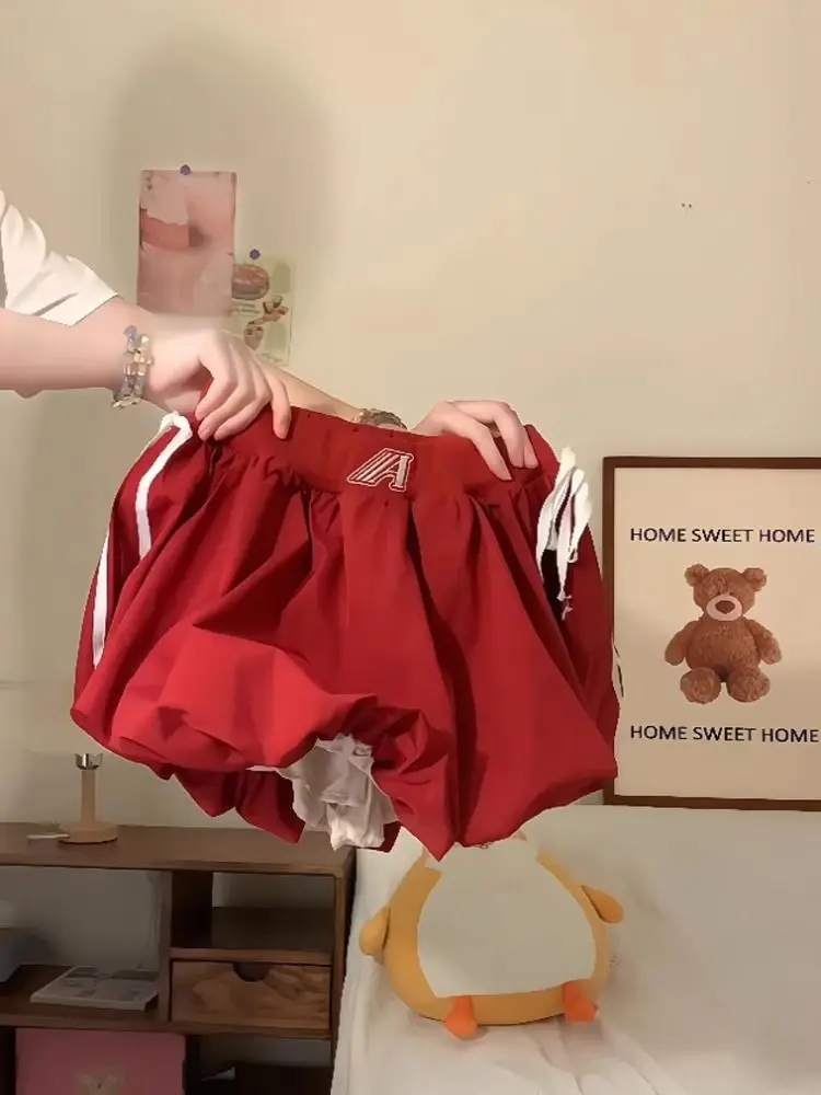 Spódnico-spodnie z wysokim stanem, bufiaste, męskie i damskie, letnie, w stylu amerykańskim, luźne, typu latarnia, czerwone, designerskie, koreańskie, stylizowane na seksowną dziewczynę.