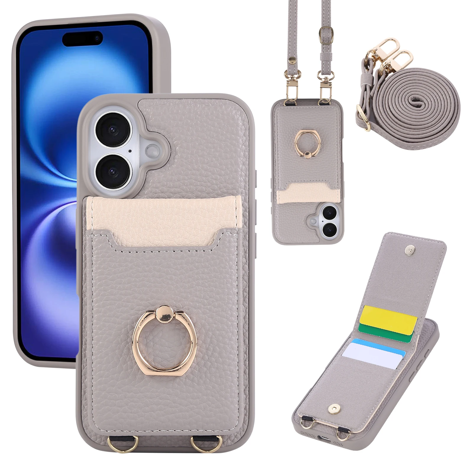

Кожаный чехол-кошелек с вертикальными картами Solt Ring Holder для iPhone 16 Pro Max 15 Plus 14 13 12 11 16e, чехол-сумка с ремешком