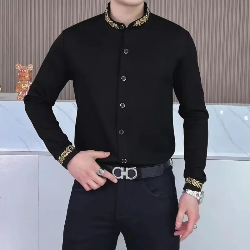 Brand Luxury Long Sleeved Shirt for Men High Quality Slim Casual Stand Collar Shirts Social Party Banquet Blouse Men Clothing