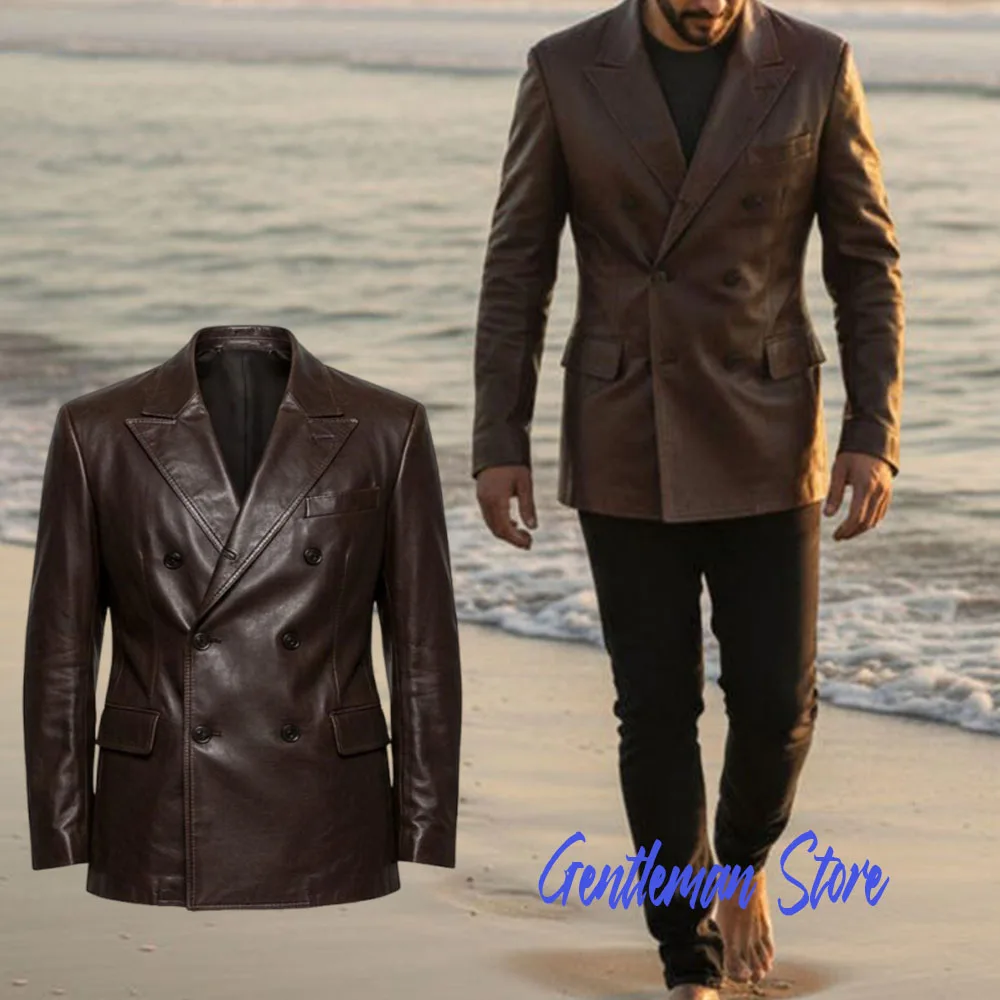 

PU Leather Man Suit Jacket Double breasted business casual leather Man suit Coat Brown slim fit leather Man Blazers