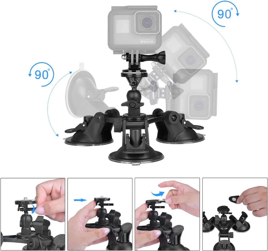 Triple Suction Cup Mount for DJI OSMO Action 4 3 Gopro 12 11 10 9 8 7 with 1/4\