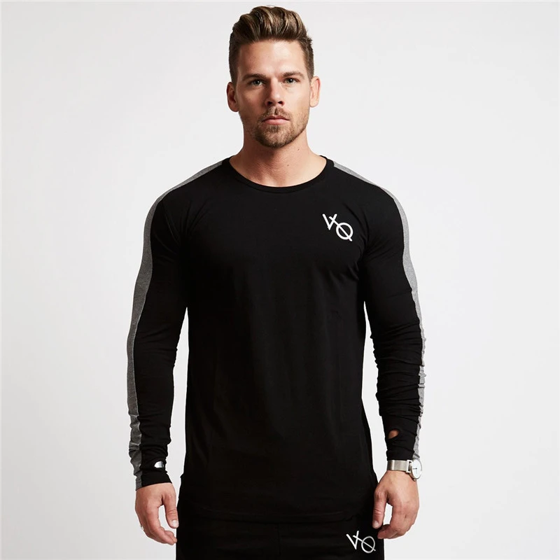 Cotton new white slim long sleeve T-shirt men\'s shirt crewneck fashion patchwork casual wear jogger fitness exercise sports wear