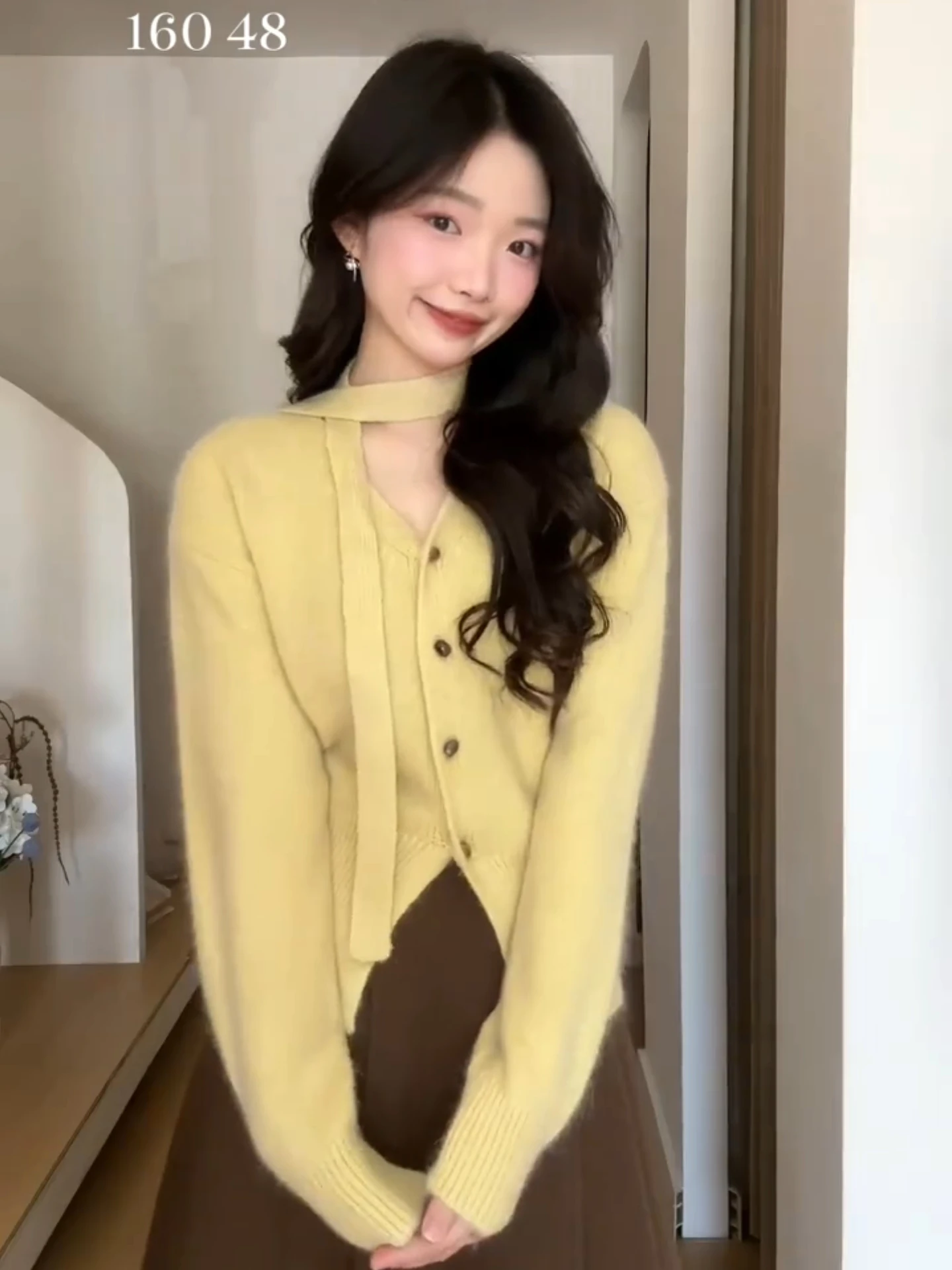 

Yellow V-Ne Knitted Sweater with Sa Women's Autumn Winter Soft ort Cardigan Sli Beautiful Top Warmth Emitting