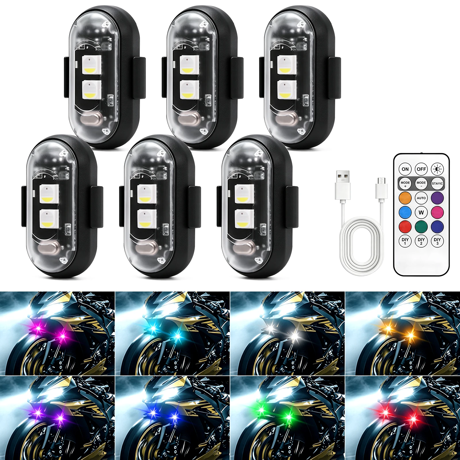 2/4/6/8pcs LED Wireless Strobe Atmosphere Light RGB Car Interior Warning Lights For Motorcycle Car Bike Remote Control Light