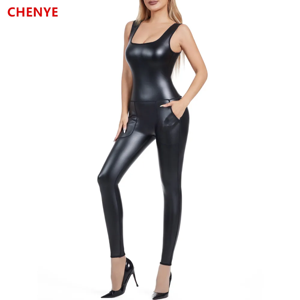 Body Shaper Leather Jumpsuits Sleeveless Bodysuits Women's Waist Trainer Corsets Tight leggings Tank Tops Shapewear with Pockets