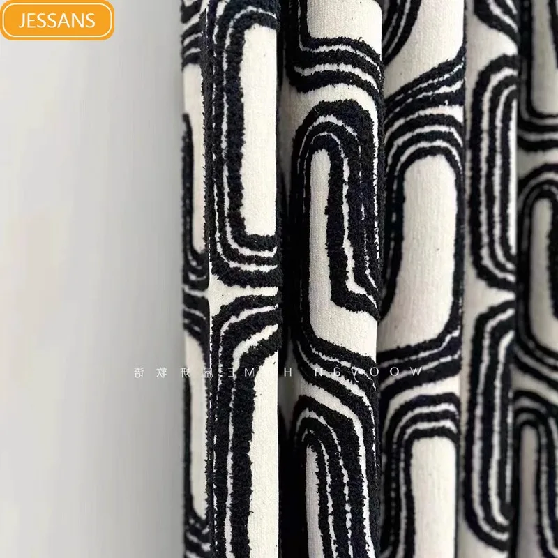 

Black and White Flocking Thickened Jacquard Chenille Curtains for Living Room Bedroom French Window Balcony Window Customized